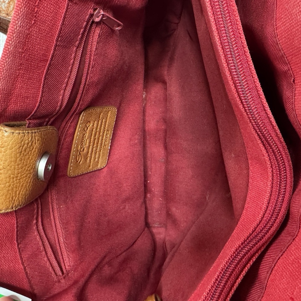 Fossil Red Canvas‎ Tote Bag Purse Brown Leather Accents Straps Key - Picture 8 of 10